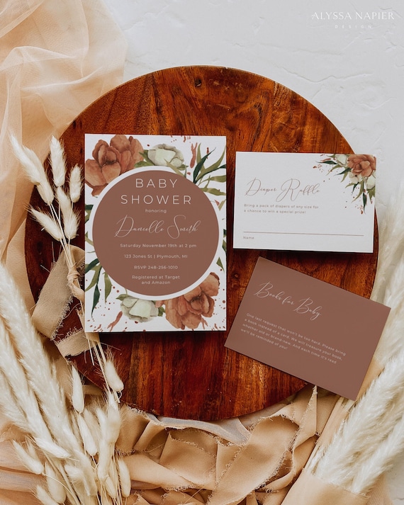 Boho Baby Shower Invite Bundle, Rust Orange Invitation Digital Download, Canva Baby Shower Invitation Template, Books for Baby