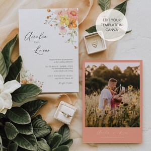 Watercolor Spring Wedding Invitation Template, Peach Floral Wedding Invite Digital Download, Colorful Invitation with Photo image 3