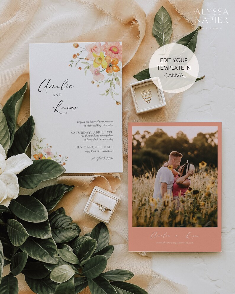 Watercolor Spring Wedding Invitation Template, Peach Floral Wedding Invite Digital Download, Colorful Invitation with Photo image 3
