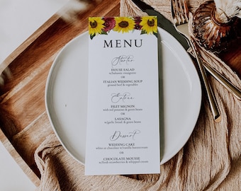 Sonnenblumen-Hochzeitsmenüvorlage zum Ausdrucken, Sonnenblume und Rosenhochzeit, bearbeitbare Menükarte, rustikales Hochzeitsmenü personalisiert