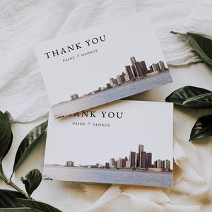 Detroit Hochzeit Danke Kartenvorlage zum ausdrucken, Detroit Aquarell Dankeschön Hinweis, Michail Hochzeit Dankeschön Karte bearbeitbar