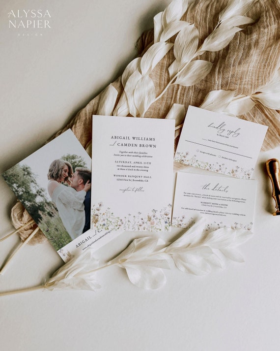 Garden Wedding Invitation Suite, Spring Wildflower Wedding Invitation Set with RSVP and Details Card, Whimsical Wedding Invite with Photo