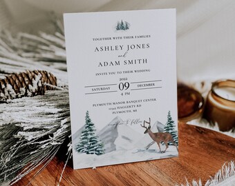 Snow Wedding Invitation Template Canva, Rustic Winter Wedding Invitation Printable, Forest Wedding Invite Digital Download