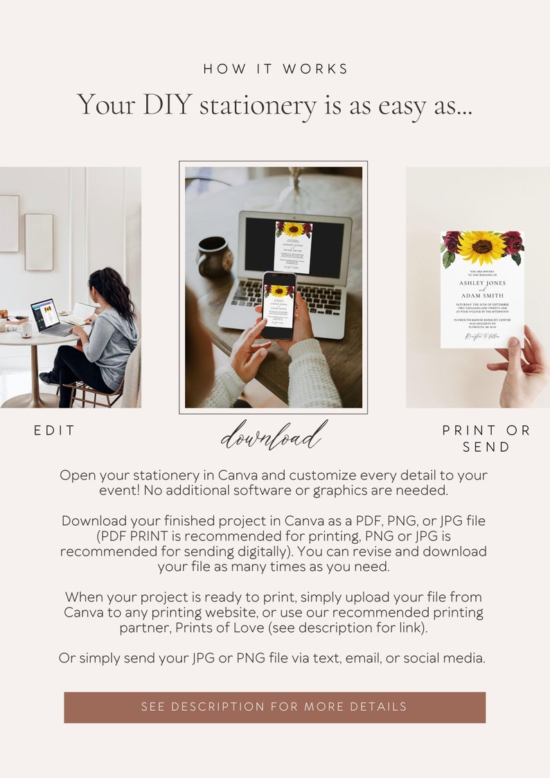 Watercolor Spring Wedding Invitation Template, Peach Floral Wedding Invite Digital Download, Colorful Invitation with Photo image 6