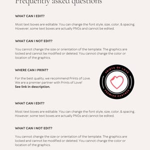 May include: A webpage with the title "Frequently asked questions" and a list of FAQs. The questions cover editing options, printing recommendations, and partner information. A circular logo with a heart is visible.