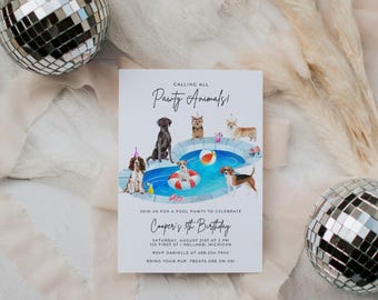 May include: A rectangular birthday invitation card featuring a watercolor illustration of various dog breeds around a swimming pool. The text reads: Calling all Pawty Animals! Join us for a pool pawty to celebrate Cooper's 5th Birthday.