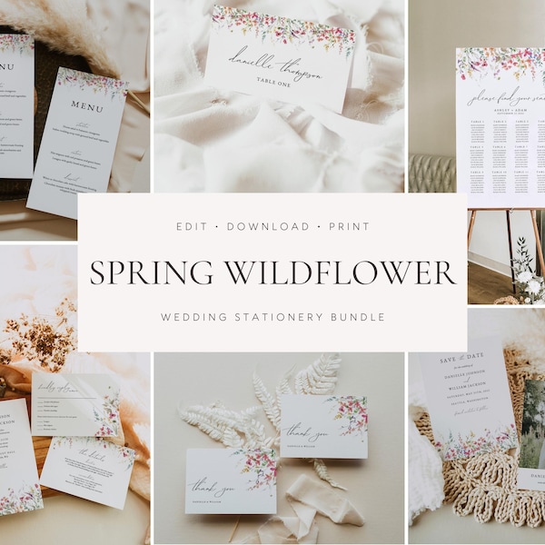 Spring Wildflower Wedding Invitation Bundle, Spring Wedding Invitation Suite Template, Large Wedding Bundle, Wildflower Wedding Invite