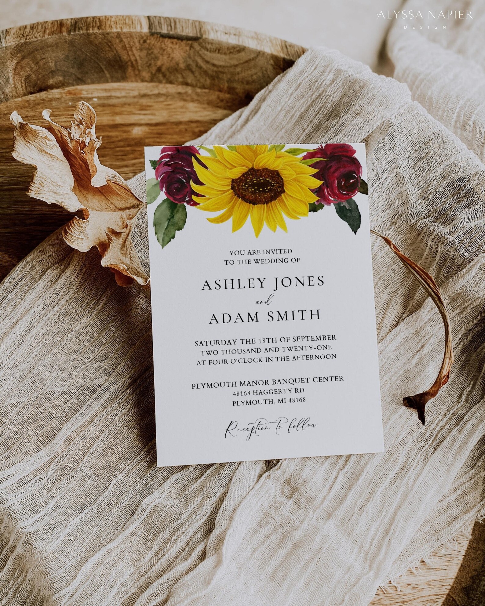 Sunflower and Roses Wedding Invitation Template Printable Etsy