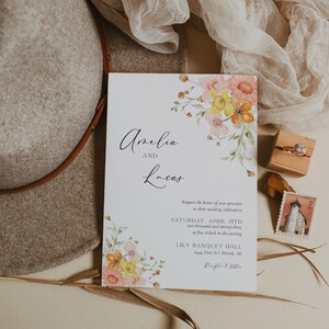 Watercolor Spring Wedding Invitation Template, Peach Floral Wedding Invite Digital Download, Colorful Invitation with Photo image 5