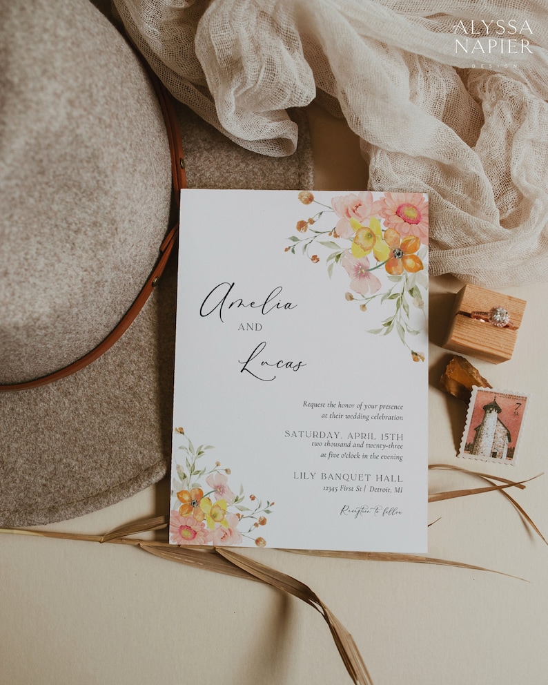 Watercolor Spring Wedding Invitation Template, Peach Floral Wedding Invite Digital Download, Colorful Invitation with Photo image 5