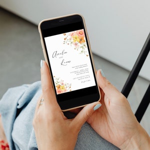 Watercolor Spring Wedding Invitation Template, Peach Floral Wedding Invite Digital Download, Colorful Invitation with Photo image 4