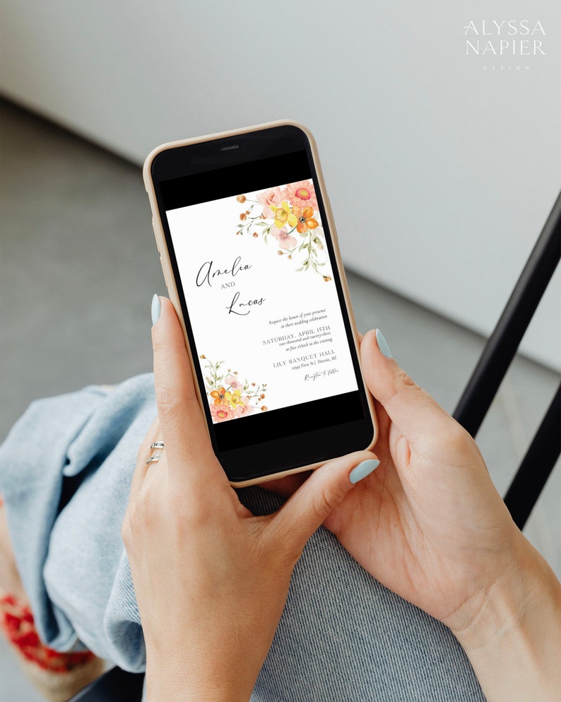 Watercolor Spring Wedding Invitation Template, Peach Floral Wedding Invite Digital Download, Colorful Invitation with Photo image 4