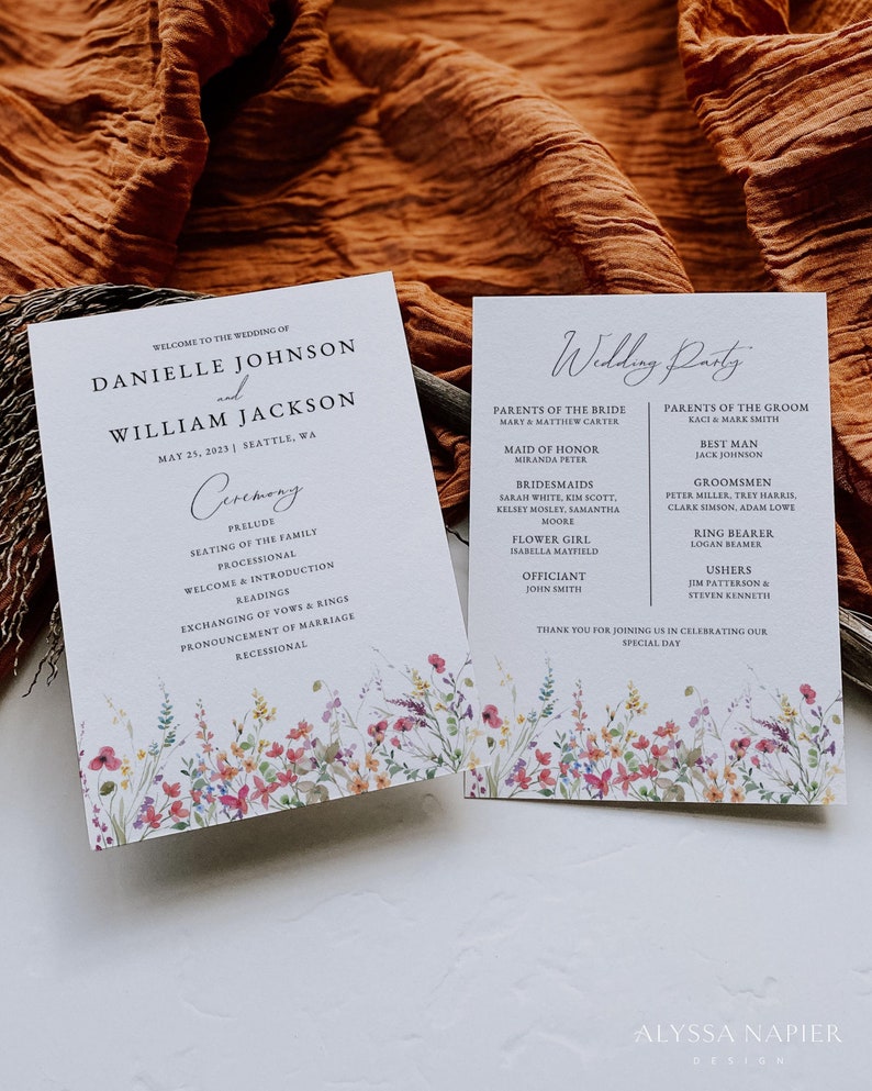 Descarga de plantilla del programa de bodas de flores silvestres, tarjeta de ceremonia de boda de primavera, programa de bodas florales imprimible, orden de boda de servicio imagen 5