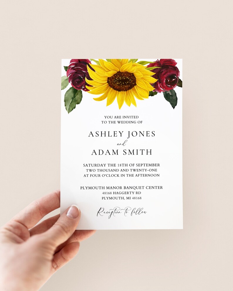 Sunflower and Roses Wedding Invitation Template Printable Etsy
