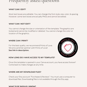 May include: A digital FAQ template on a light beige background with black text. It outlines editing capabilities, printing recommendations, template access, and download instructions. A circular black badge with a pink heart logo is included.