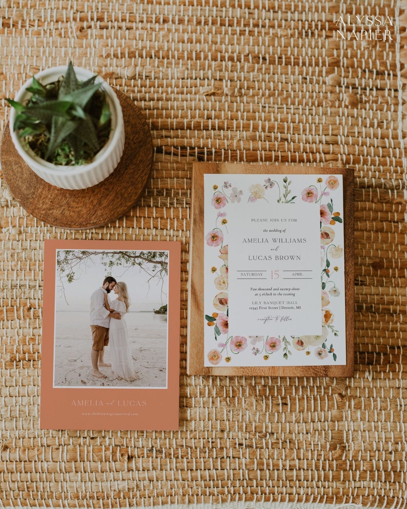 Spring Floral Wedding Invitation Suite, Peach Wedding Invite, Colorful Wedding Invitation Template, Wedding Invitation Set with Photo image 4