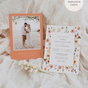 Spring Floral Wedding Invitation Suite, Peach Wedding Invite, Colorful Wedding Invitation Template, Wedding Invitation Set with Photo image 3