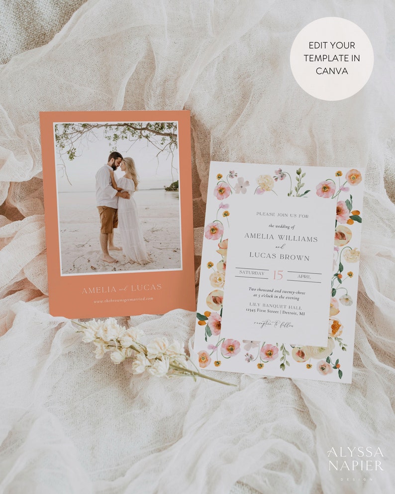 Spring Floral Wedding Invitation Suite, Peach Wedding Invite, Colorful Wedding Invitation Template, Wedding Invitation Set with Photo image 3