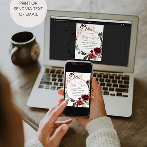 Burgundy Baby Shower Invitation Girl Floral, Gold Baby Shower Invitation Template Printable, Blush Baby Shower Invitation Editable