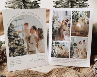 Può includere: Due biglietti d'auguri rettangolari con foto di famiglia. Il biglietto a sinistra presenta una foto ad arco di una famiglia vicino a un albero di Natale con il testo 'IT'S THE MOST WONDERFUL TIME OF THE YEAR' e 'WISHING YOU THE MERRIEST CHRISTMAS AND HAPPIEST NEW YEAR'. Il biglietto a destra mostra un collage di quattro foto di famiglia con il testo 'MAY ALL THAT IS BEAUTIFUL, MEANINGFUL, AND BRINGS YOU JOY BE YOURS THIS HOLIDAY SEASON AND THROUGHOUT THE COMING YEAR'.