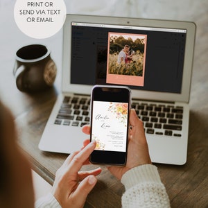 Watercolor Spring Wedding Invitation Template, Peach Floral Wedding Invite Digital Download, Colorful Invitation with Photo image 2