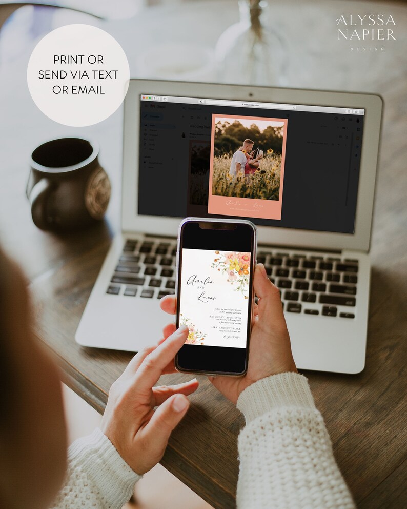 Watercolor Spring Wedding Invitation Template, Peach Floral Wedding Invite Digital Download, Colorful Invitation with Photo image 2