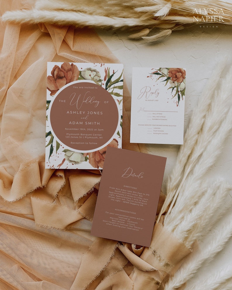 Terracotta Wedding Invitation Suite, Rust Wedding Invite Set, Desert Wedding Invitation with RSVP, Boho Floral Wedding Invite Printable image 1