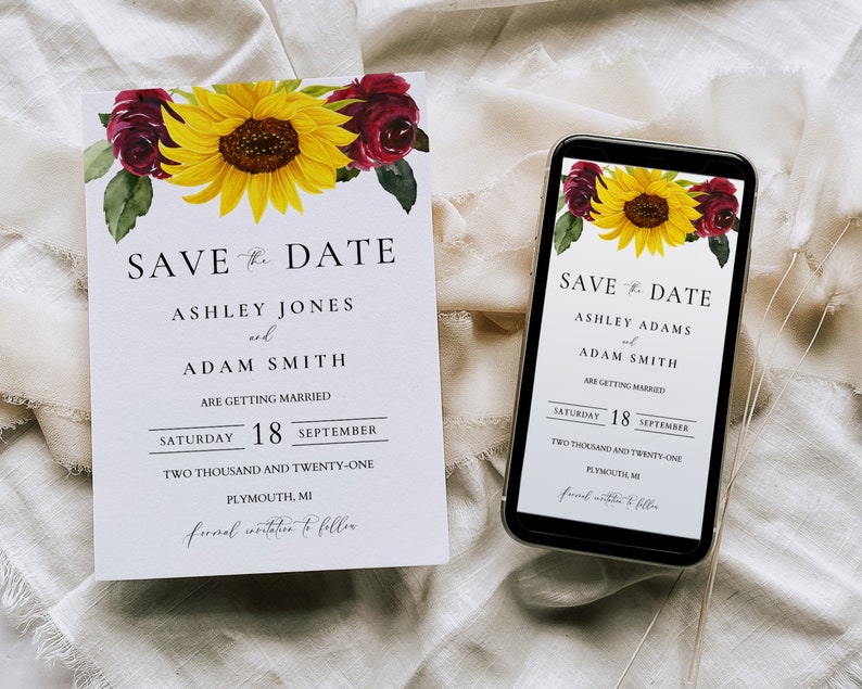 Sunflower and Roses Wedding Save the Date Printable Template Etsy