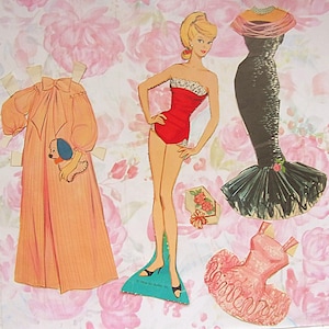 Barbie Paper Doll & 11 Classic Clothes in Folder~ 1964 Original Cut Outs  - Black Dress - Night Gown w/ Dog - Tutu - Nurse- Harlequin + more