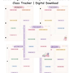 May include: Pastel-colored weekly student planner printable with sections for each weekday, including Monday, Tuesday, Wednesday, Thursday, and Friday. Each day has space for class, homework, project due dates, and notes. The planner is a digital download.