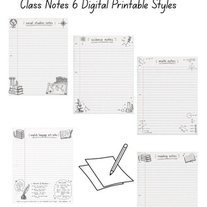 Pode incluir: Notas de aula digitais imprimíveis em seis estilos, incluindo estudos sociais, ciências, matemática, artes da linguagem inglesa e leitura. Cada página apresenta um layout pautado com rabiscos decorativos e o título do assunto no topo.