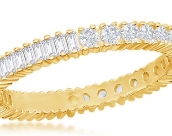 Sterling Silver Half Round and Half Baguette CZ Eternity Band Ring  Gold Plated