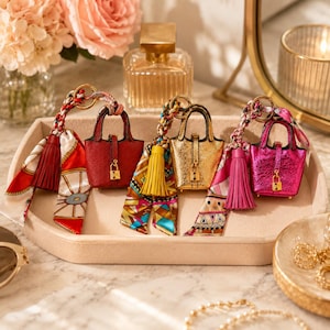 May include: Three miniature handbag charms in red, gold, and metallic pink. Each bag features a small gold padlock, a matching leather-like texture, and a decorative silk scarf tied to the handle with a coordinating tassel in red, yellow, or pink.