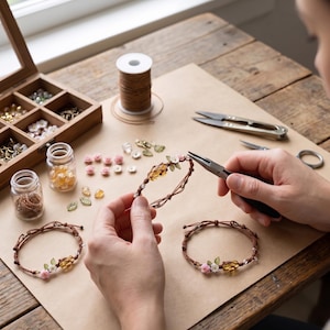 May include: A brown cord bracelet featuring a central amber-colored faceted bead, small pink rose charms, and green leaf accents. The bracelet is being assembled with metal pliers, with additional beads, charms, and cord spools visible nearby.