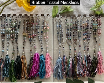 Beaded Ribbon Tassel Necklace, Antique Gold or Silver Tone Chain, Boho Style Accessory