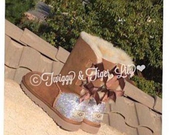 Swarovski Crystal Bling UGG Boots ~ Chestnut Bailey Bow Uggs Embellished with Swarovski Crystals