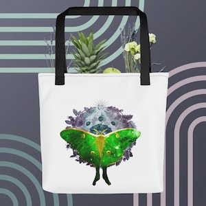 Lunar Moth Tote Bag: Witchy Boho Canvas Book Bag for Groceries, Laptops, and Tablets