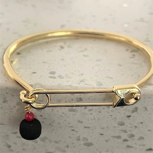Cuban Azabache Pin Bracelet with Authentic Jet Stone & Real Coral Stone, Gold Plated, Mom