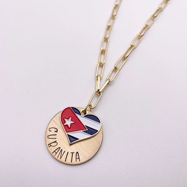 Cubanita Heart Flag Necklace - Mother's Day Gift, Cuban Jewelry, Miami Jewelry, 305, Paperclip Link, Mom