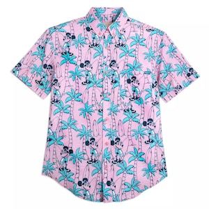 May include: A pink short-sleeved button-down shirt with a repeating pattern of Mickey Mouse surfing on a surfboard in front of palm trees.
