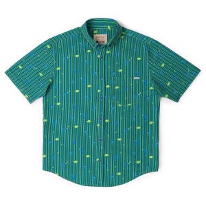 May include: A green and blue short-sleeved button-down shirt with a striped pattern and small green and blue leaf designs. The shirt has a pocket on the left side and a "PIXAR" label on the collar.