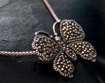 Collier pendentif papillon marcassite en argent sterling vintage moderne sur chaîne box