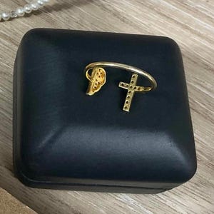 14K Clad 925 Diamonique Cuff Ring Cross & Angel Wing Italy Designer Jacmel JCM image 4
