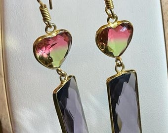 Boucles d'oreilles en argent sterling 925, tourmaline pastèque et quartz améthyste 18 carats GP