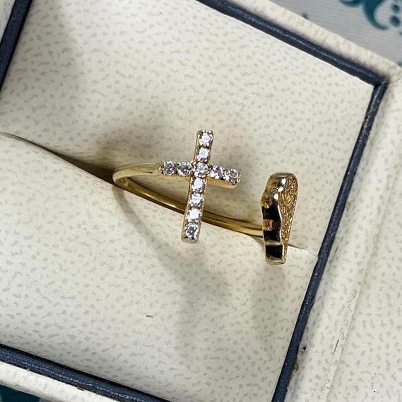 14K Clad 925 Diamonique Cuff Ring Cross & Angel Wing Italy Designer Jacmel JCM image 9