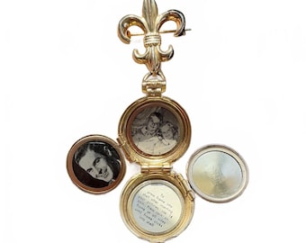Vintage CORO Pegasus Fleur De Lis Mourning Locket Brooch w/ Old Photos
