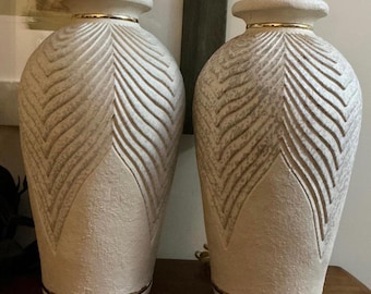 Vintage 1980’s Palm Beach Regency Postmodern Carved Plaster Table Lamp Pair