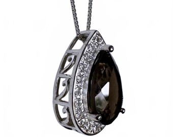 Collier avec pendentif halo de topaze blanche et quartz fumé Root Beer en argent 925