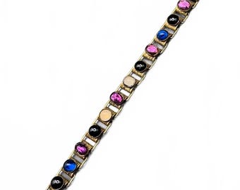 Bracelet victorien ancien en forme de livre avec chaîne et cabochon balles
