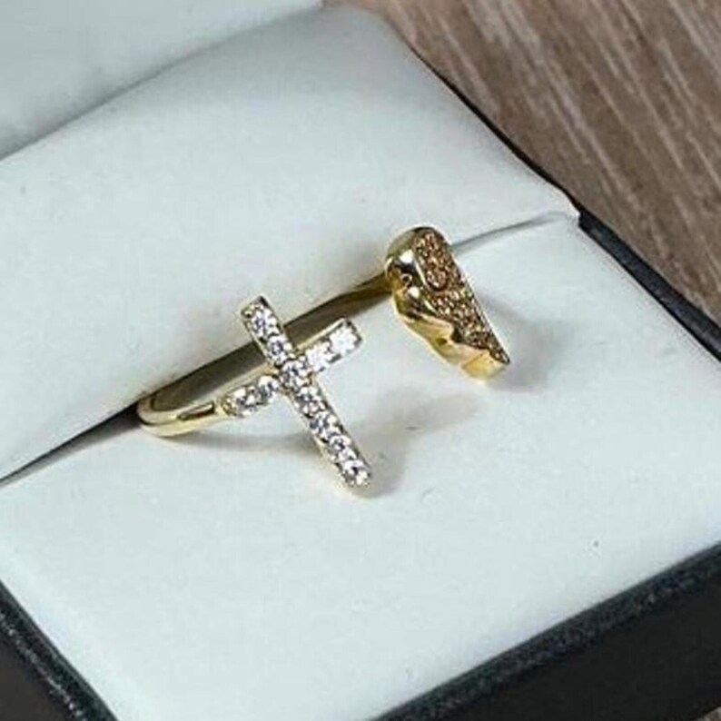 14K Clad 925 Diamonique Cuff Ring Cross & Angel Wing Italy Designer Jacmel JCM image 3